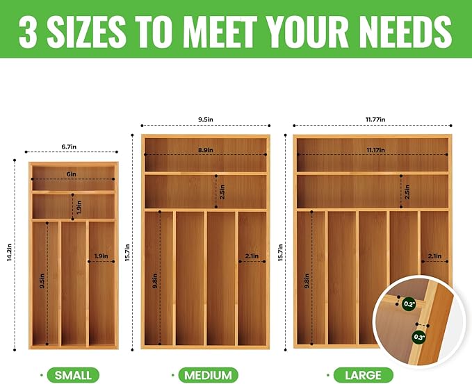 Bamboo Silverware Organizer, Bamboo Kitchen Drawer Cutlery Organizer, Utensil - Image 8