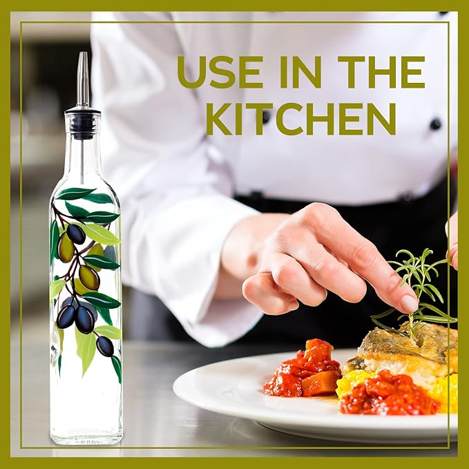 17oz Hand Painted Glass Olive Oil Bottle Dispenser - 500ml Green Oil & Vinegar - Image 4
