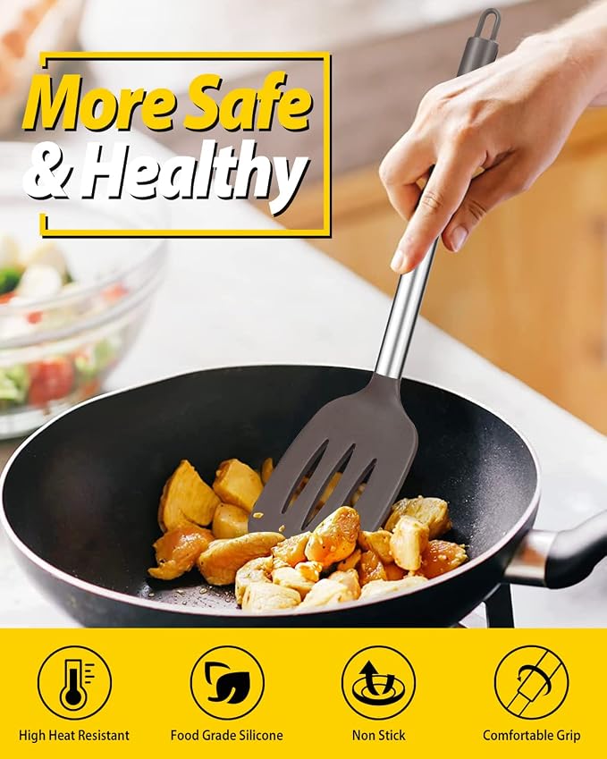 Pack of 2 Silicone Solid Turner, Non Stick Slotted Kitchen Spatulas, High Heat - Image 5