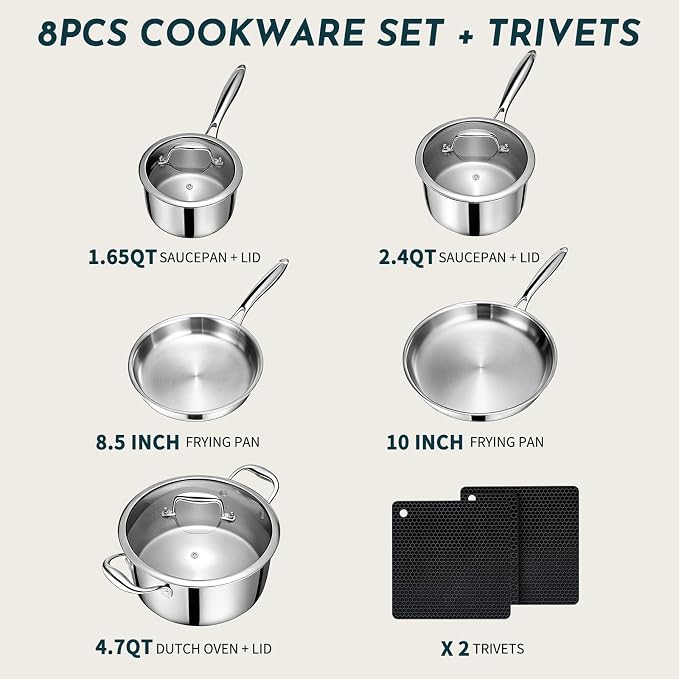 3 Ply Stainless Steel Cookware Set, AIVIKI 10-Pieces Pots and Pans Set - Image 2