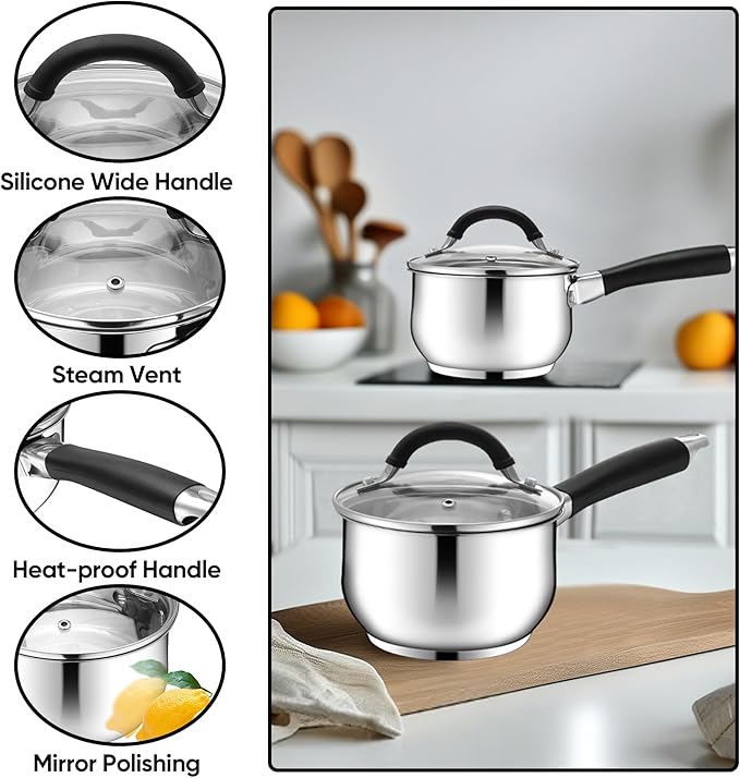 E-far 2 Quart Saucepan with Lid, Tri-Ply Base Stainless Steel Small Sauce Pan - Image 4