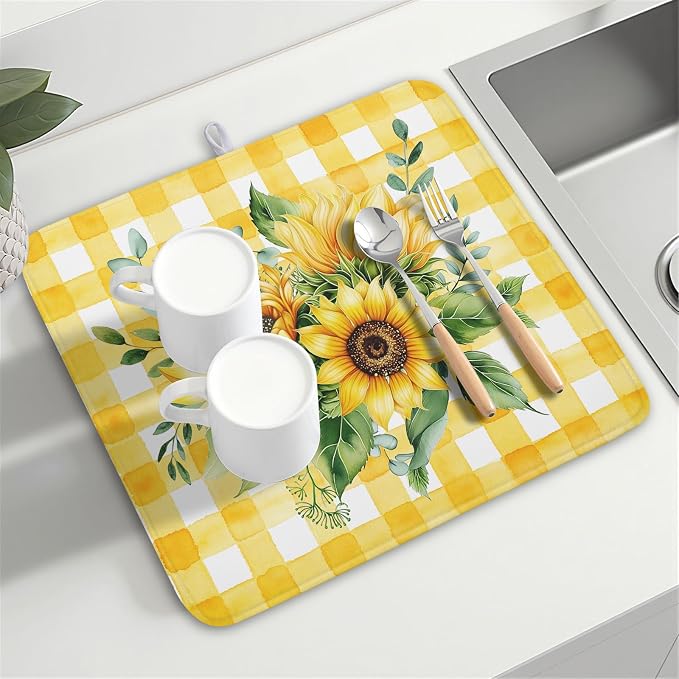 Spring Summer Dish Drying Mat 16x18 Inch Absorbent Reversible Sunflower Drying - Image 8