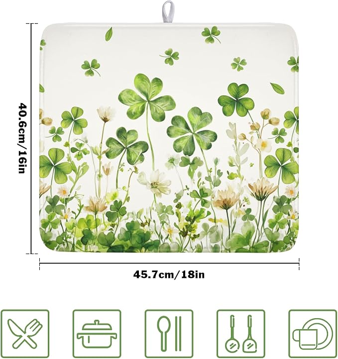 St Patrick's Day Dish Drying Mat 16 x 18 Inch Green Clover Dish Drainer Rack - Image 2