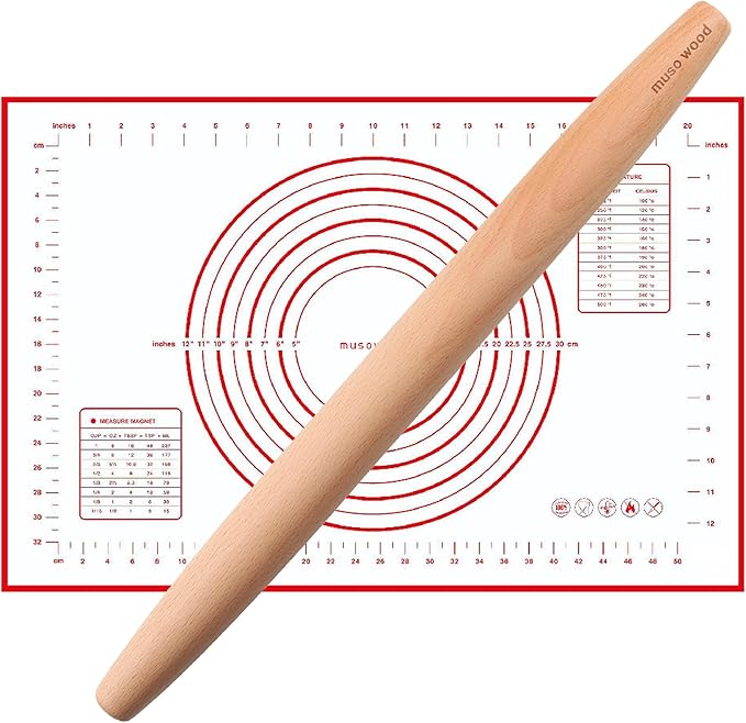 Muso Wood French Rolling Pin and Silicone Baking Mat Set, 15.75 Inch Beech Wood by Musowood