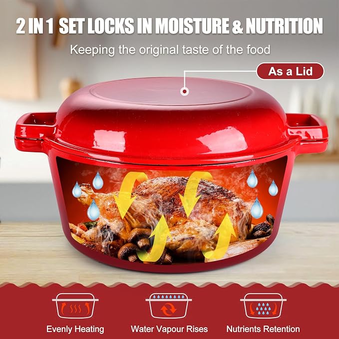 P&P CHEF 5Qt Dutch Oven Pot for Bread Baking, 2 In 1 Round Cast Iron Dutch Oven - Image 5