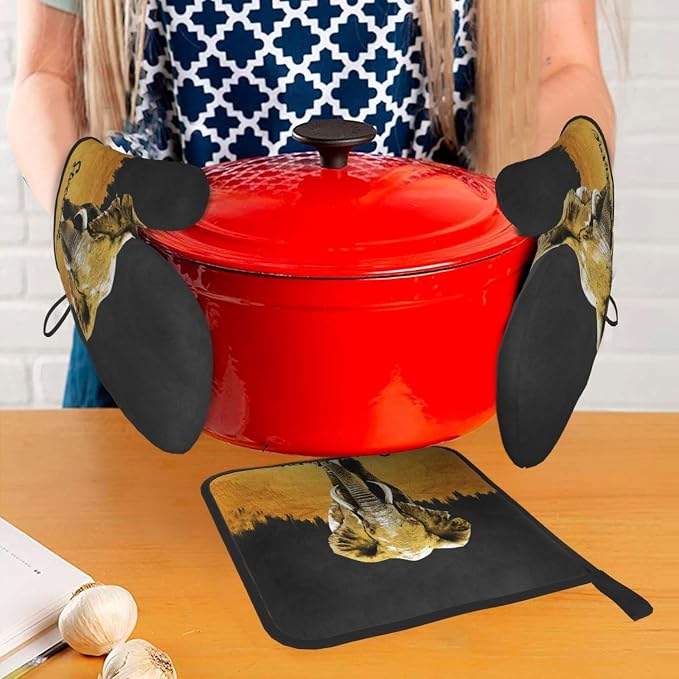 Elephant Oven Mitts and Pot Holders Sets of 3 Black Gold Hot Pads Oven Gloves - Image 7
