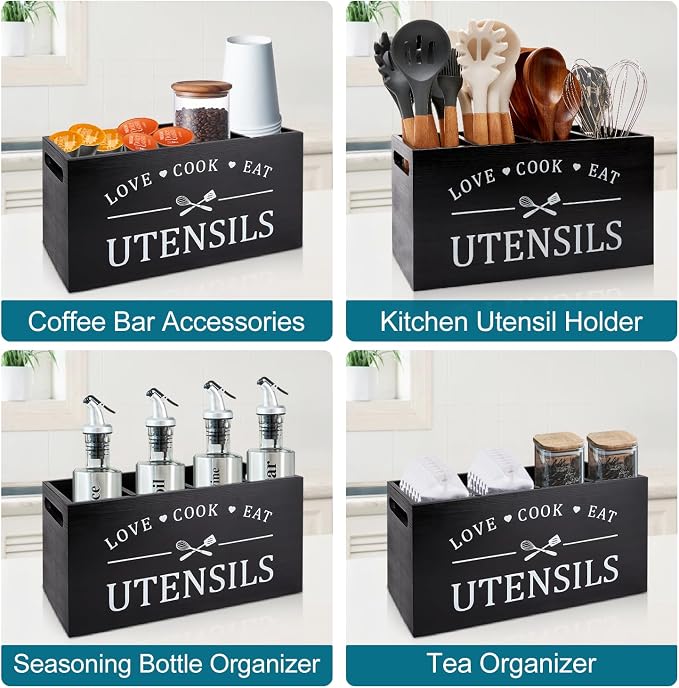 Black Farmhouse Utensil Holder for Kitchen Counter Extra Large Cooking Utensil - Image 5