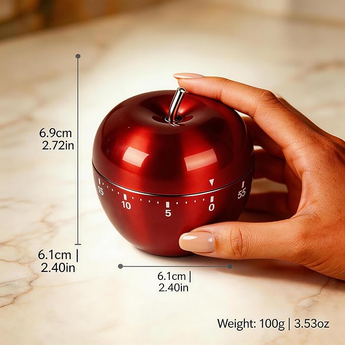 Stainless Steel Apple Kitchen Timer, Mechanical 60-Minute Manual Countdown - Image 2