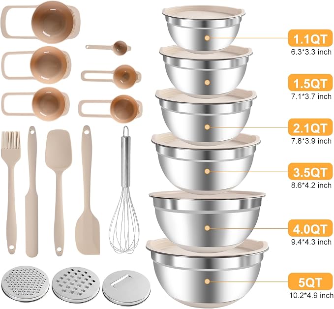 Mixing Bowls with Airtight Lids Set, 6 Stainless Steel Bowls, 3 Grater - Image 8