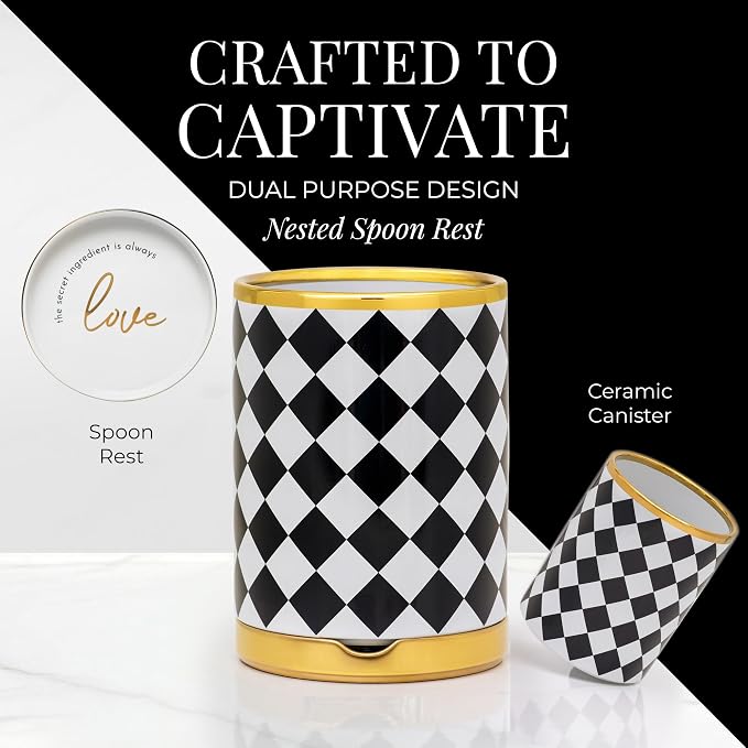 STYLED SETTINGS Black & White Checkered Utensil Holder Set – Large Ceramic - Image 2