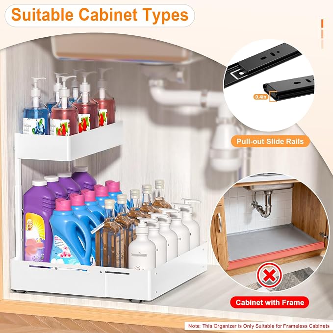 YJHome 2 Pack Expandable Under Sink Organizer, 2 Tier Pull Out Cabinet Organizer - Image 6