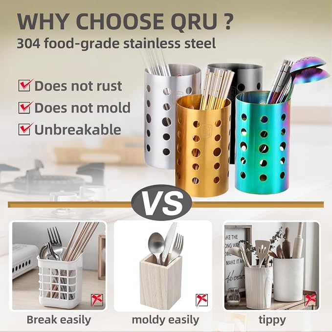 QRU Kitchen Utensil Holder for Countertop, Stainless Steel Cooking Utensil - Image 2