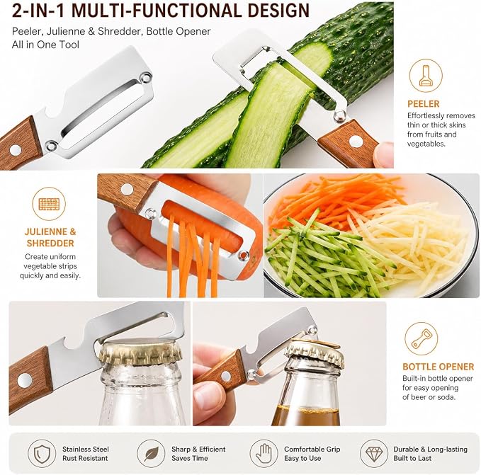 Peelers For Kitchen, with Wooden Handle and Bottle Opener, For Vegetables or - Image 3