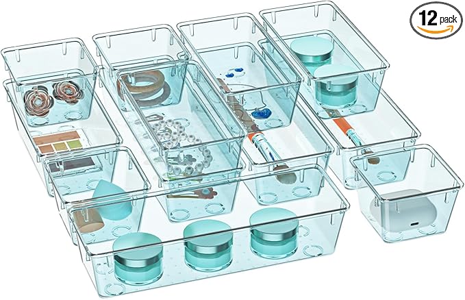 WOWBOX 12 Pack Clear Drawer Organizer Set, Acrylic Drawer Storage Trays by WOWBOX