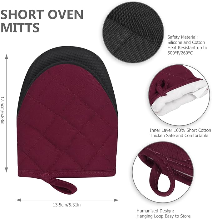 Short Oven Mitts, Heat Resistant 500°F, Silicone Grip Kitchen Gloves, Non-Slip - Image 2