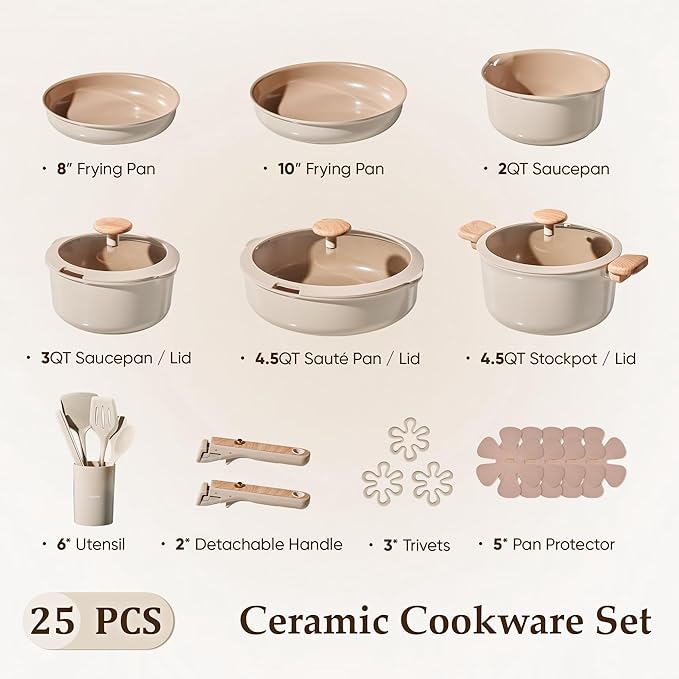 CAROTE 25 Pcs Ceramic Cookware Sets, Pots and Pans Set Non Stick, Detachable - Image 2