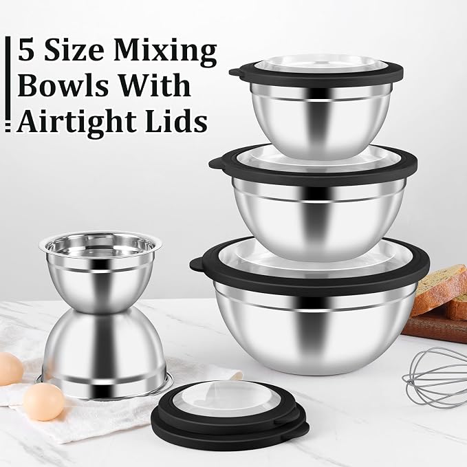 P&P CHEF Mixing Bowls with Visible Airtight Lids Set of 5, 10-Piece Stainless - Image 7
