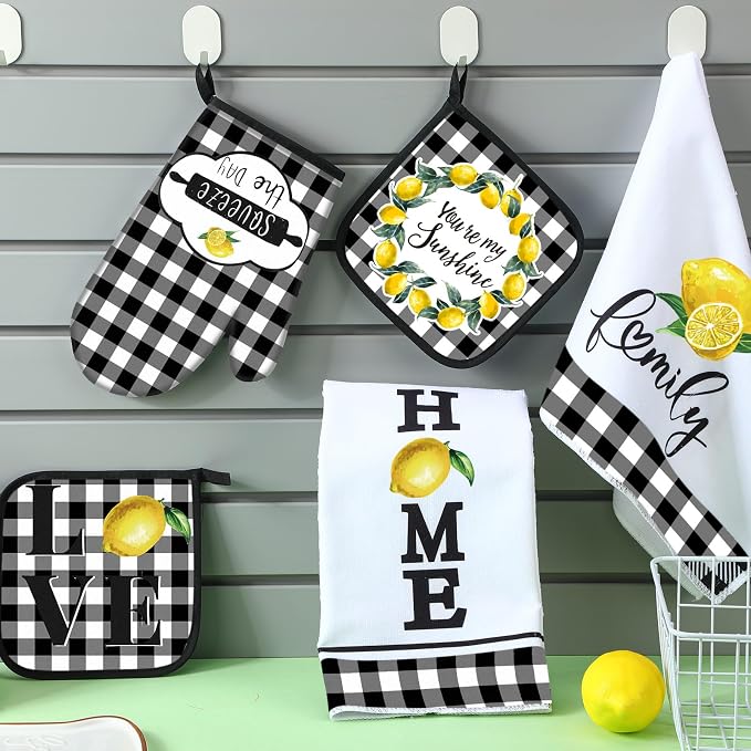 5 Pieces Buffalo Plaid Kitchen Towels Oven Mitts and Pot Holder Set Black and - Image 5
