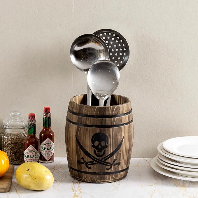 MyGift Rustic Burnt Wood Pirates Rum Cask Style Kitchen Utensil Crock, Vintage - Image 2