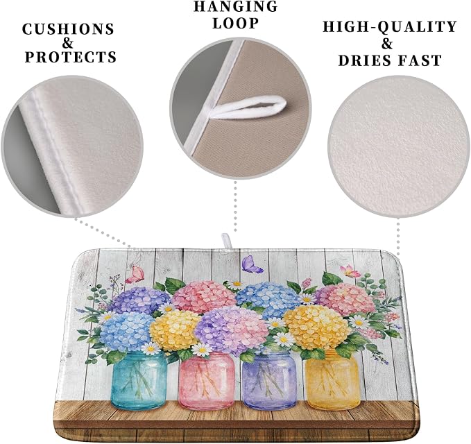 Hydrangea Dish Drying Mat for Kitchen Counter Spring Summer Floral Vases dish - Image 3