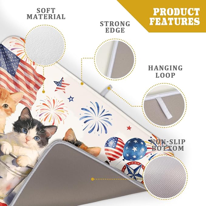 Vintage Patriotic Dish Drying Mat Cute Cats American Flag Drying Matt Kitchen - Image 4