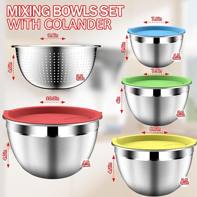 DUTZUN Mixing Bowls with Strainer, Mixing Bowl with Lids Set, Stainless Steel - Image 2