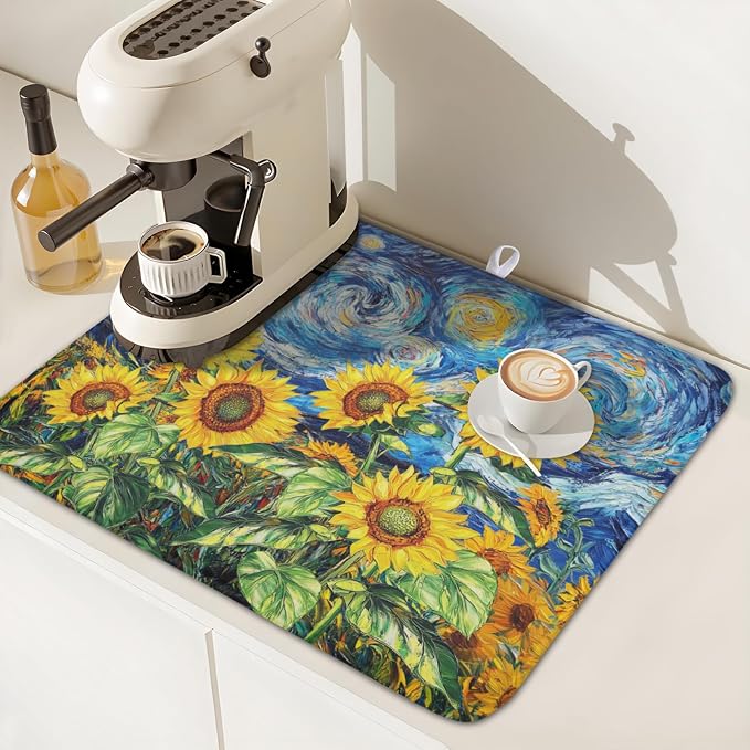 Sunflower Dish Drying Mat for Kitchen Counter 18x16 Inch Starry Night Drying Mat - Image 6