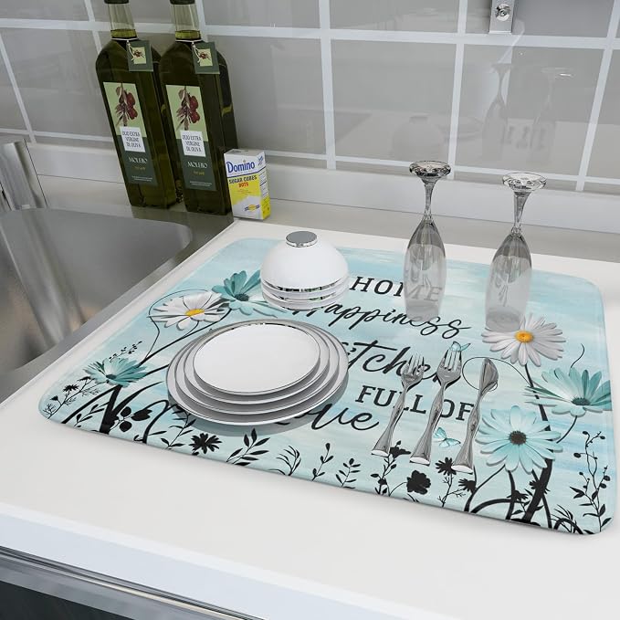 Blue Daisy Dish Drying Mat 18x24 Inch Love Kitchen Absorbent Microfiber - Image 6