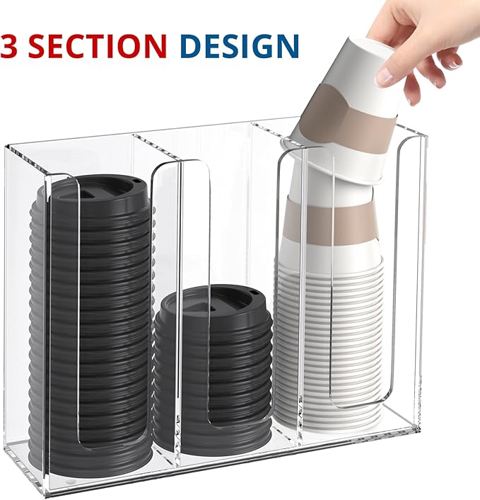 KOTEMON Acrylic Cup and Lid Holder, 3 Compartment, Disposable Coffee Cup - Image 2