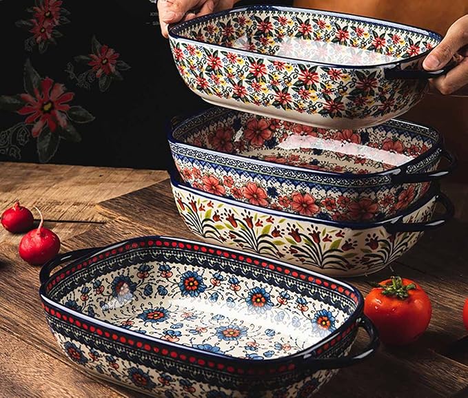 Red Daisy Flower Vintage Style Ceramic Bakeware Casserole Dish Baking Pan - Image 8