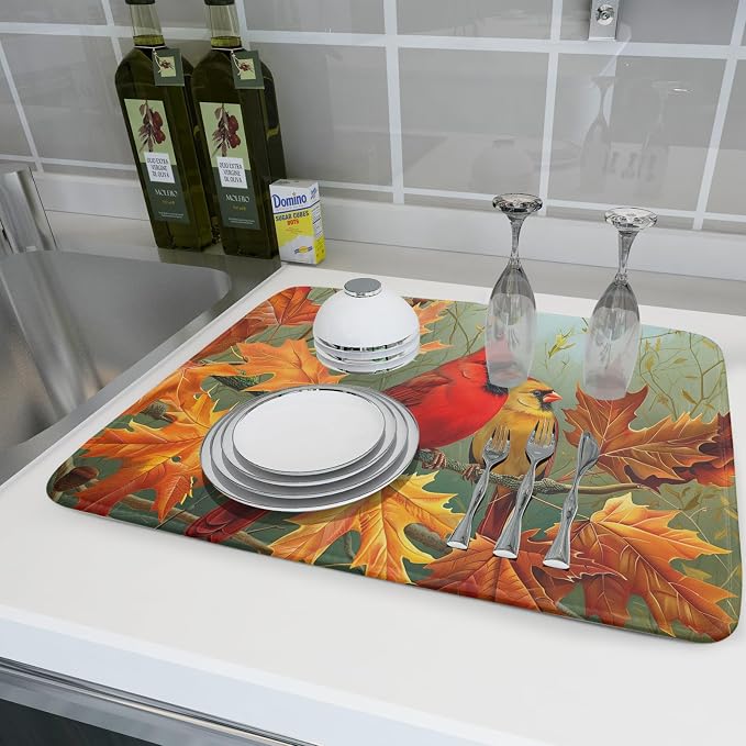 Giwawa Fall Birds Dish Drying Mat 18x24 Inch Autumn Maple Leaf Tree Dish - Image 6