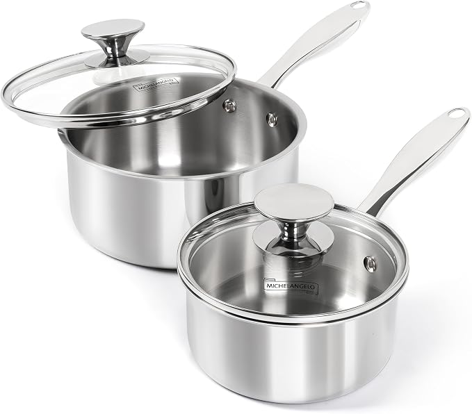 MICHELANGELO 1Qt & 2Qt Tri-ply Stainless Steel Saucepan Set, Small Cooking Pots by Michelangelo