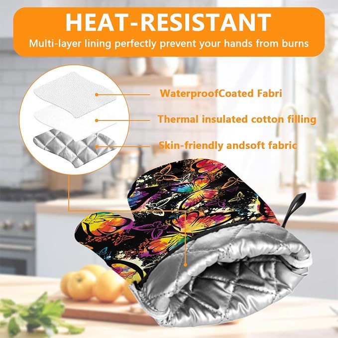 Colorful Butterfly Oven Mitts and Pot Holders Sets 4Pcs, Extra Long Oven Gloves - Image 3