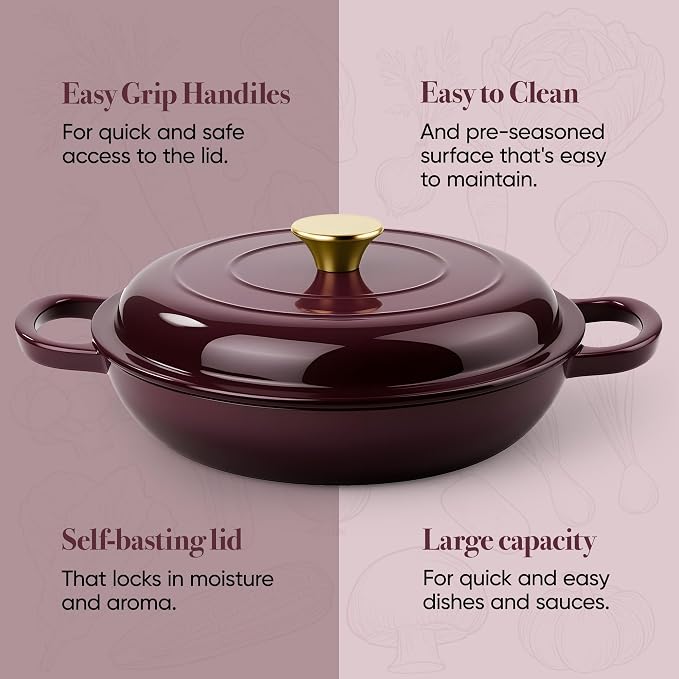 Vintage Style 3 Quart Enameled Cast Iron Braiser, Non Stick Enameled Cast Iron - Image 7