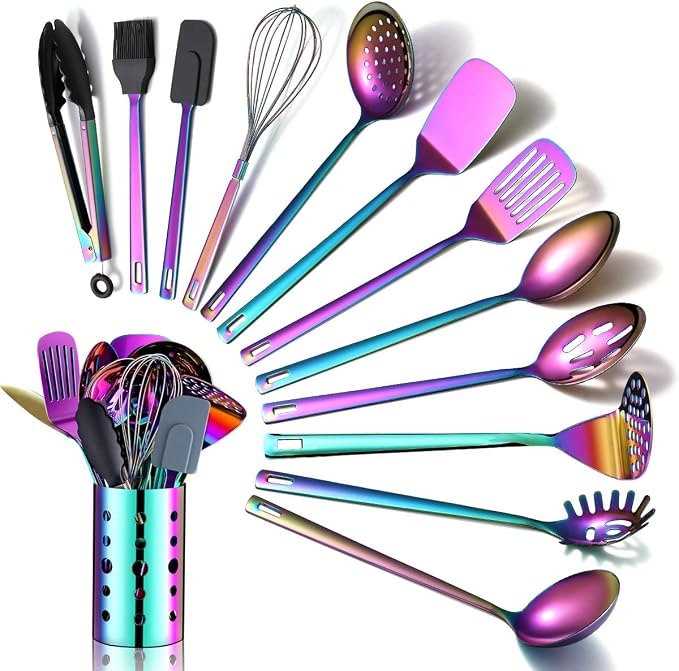 Rainbow Kitchen Utensils Set, 13 Pieces Stainless Steel Cooking Utensils Set by HOMQUEN