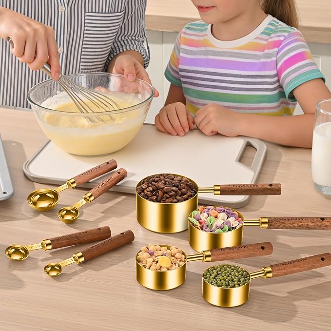 Stainless Steel Measuring Cups and Spoons Set of 8, Stackable Wooden Handle - Image 8