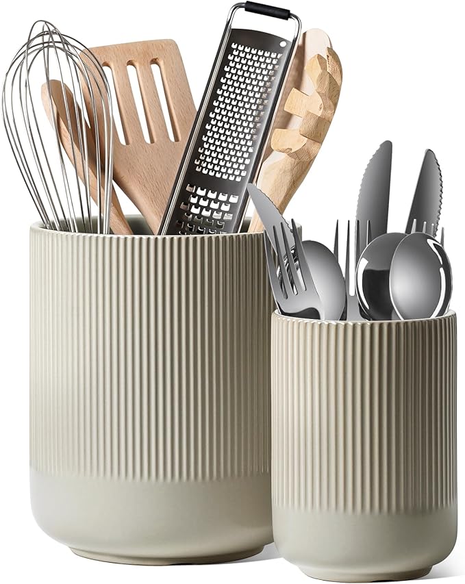 LE TAUCI Utensil Holder for Kitchen Counter, 7.3"+5.4" Fluted Ceramic Utensil by LETAUCI