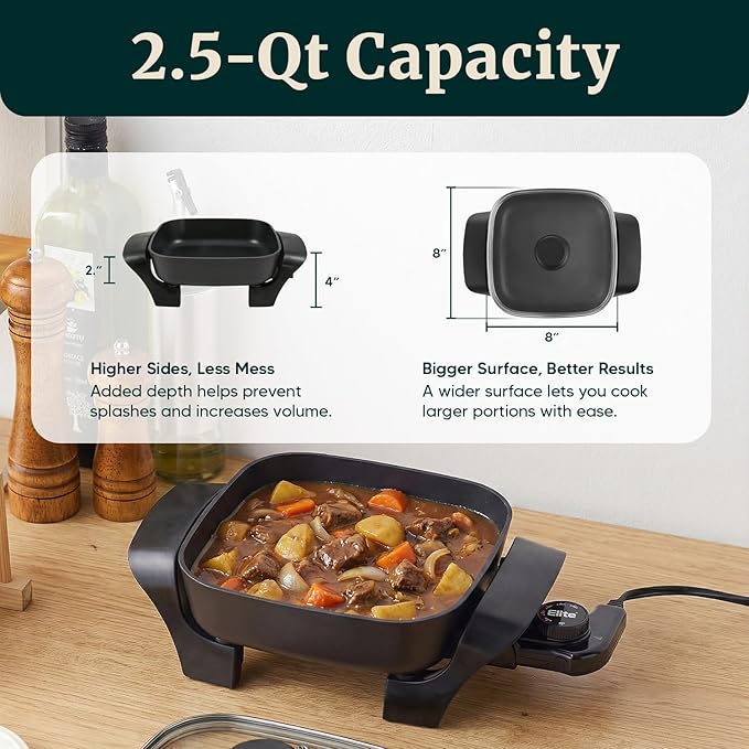 Elite Gourmet EG808 Electric Skillet 8"x8" Non-Stick Coating, Tempered Glass Lid - Image 5