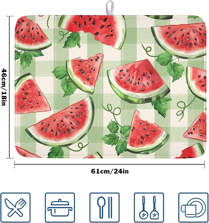 Summer Dish Drying Mat for Kitchen Counter Watercolor Watermelon Green Buffalo - Image 2