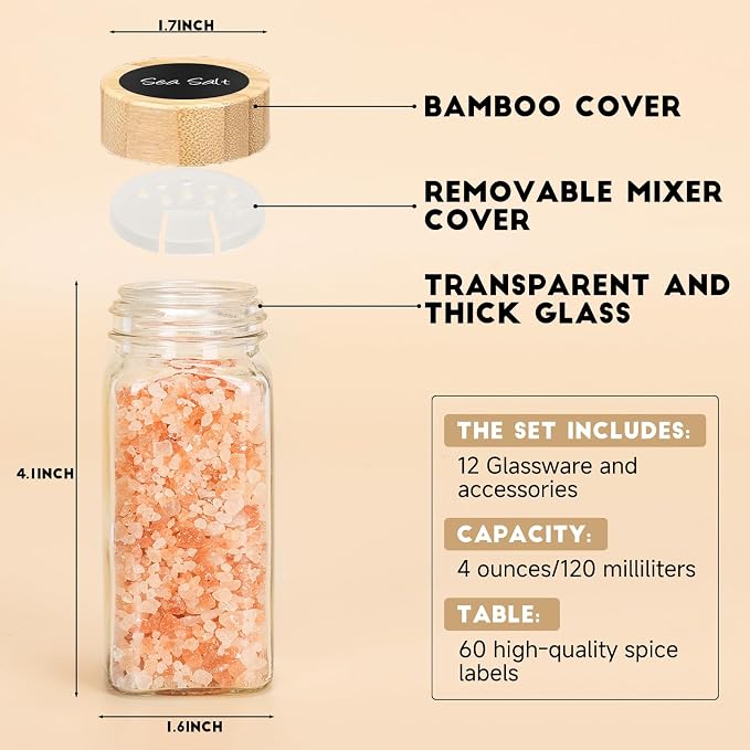 12Pcs Spice Jars with Label, 4oz Empty Square Seasoning Containers, Spice Jars - Image 2