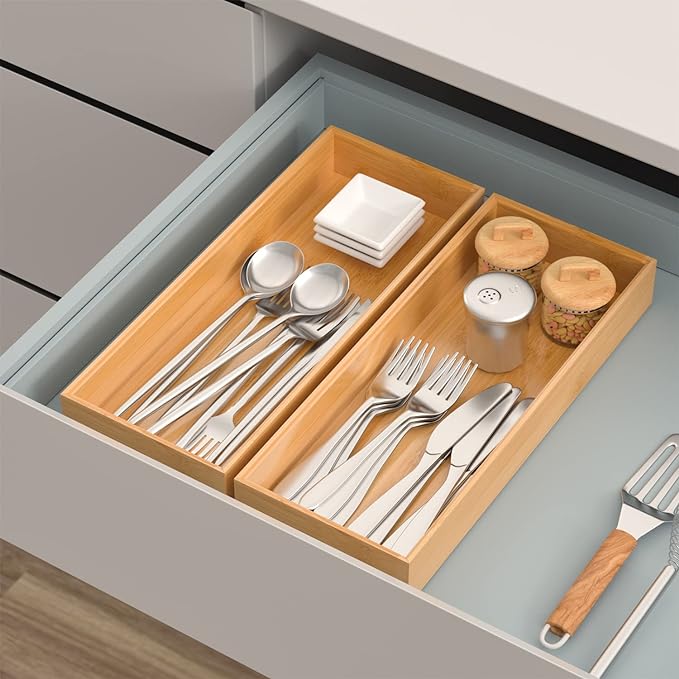 VeyFey Bamboo Drawer Organizer, Stackable Utensil Organizer - Image 2
