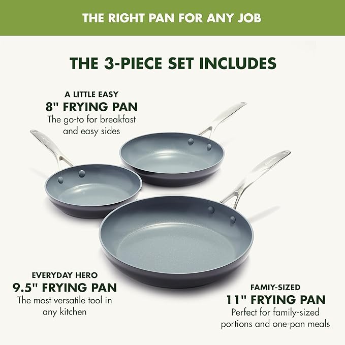 GreenPan Valencia Pro Ceramic Nonstick 8" 9.5" & 11" Fry Pan Skillet Set - Image 4