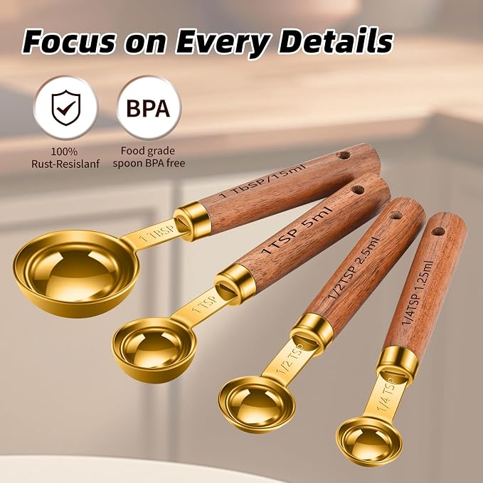 Stainless Steel Measuring Cups and Spoons Set of 8, Stackable Wooden Handle - Image 5