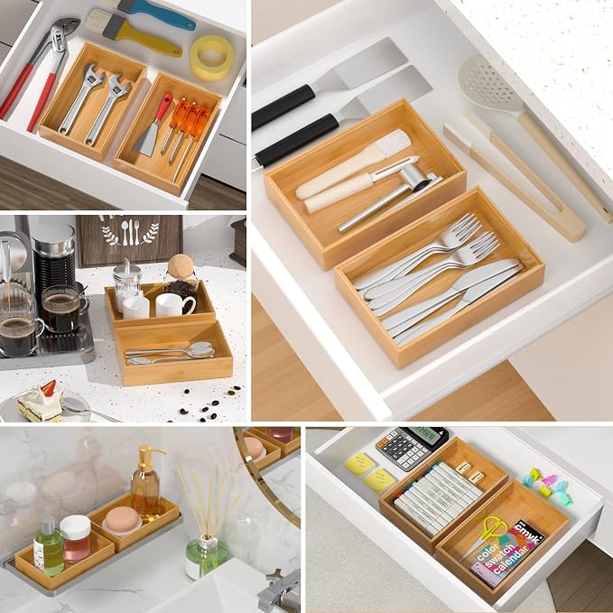 VeyFey Silverware Tray for Drawer, Stackable Kitchen Bamboo Drawer Organizer 9" - Image 4