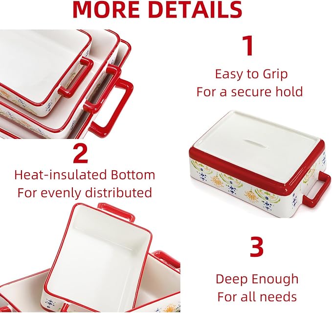 WRINGKIT Set of 3 Ceramic Baking Dishes, Rectangular Casserole Dish - Image 3