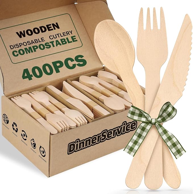 400PCS Eco-Friendly Disposable Wooden Utensil Set – Compostable Biodegradable by Unknown