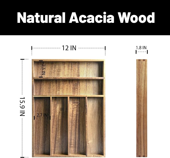 KITEISCAT Acacia Wood Silverware Organizer, Kitchen Utensil Drawer Organizer - Image 2