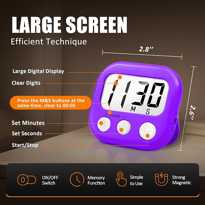 6 Pack Digital Kitchen Timer for Cooking Big Digits Loud Alarm Magnetic Backing - Image 2