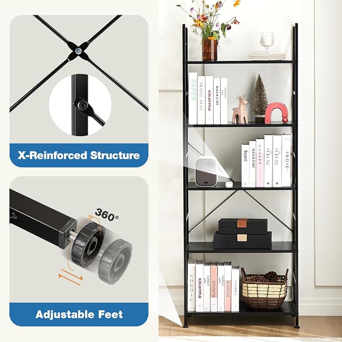 DUMOS 5 Tiers Bookshelf, Classical Book Shelf, Tall Display Shelves in Living - Image 6