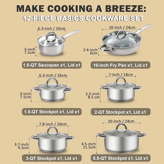 Cook N Home Kitchen Cookware Sets, 12-Piece Basic Stainless Steel Pots and Pans - Image 2